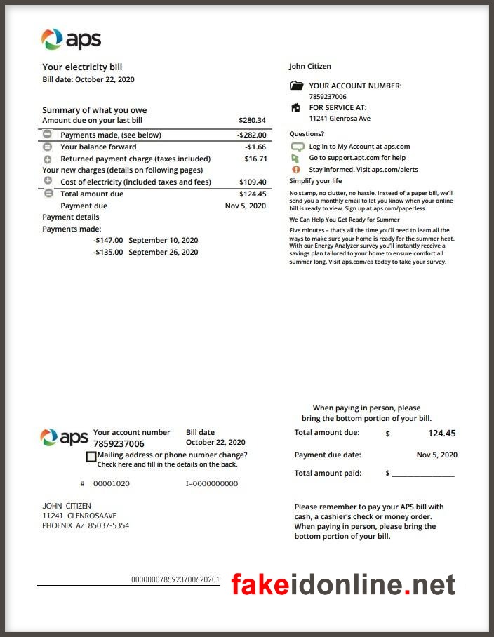 Arizona Public Service (APS) - Arizona Utility Bill Template